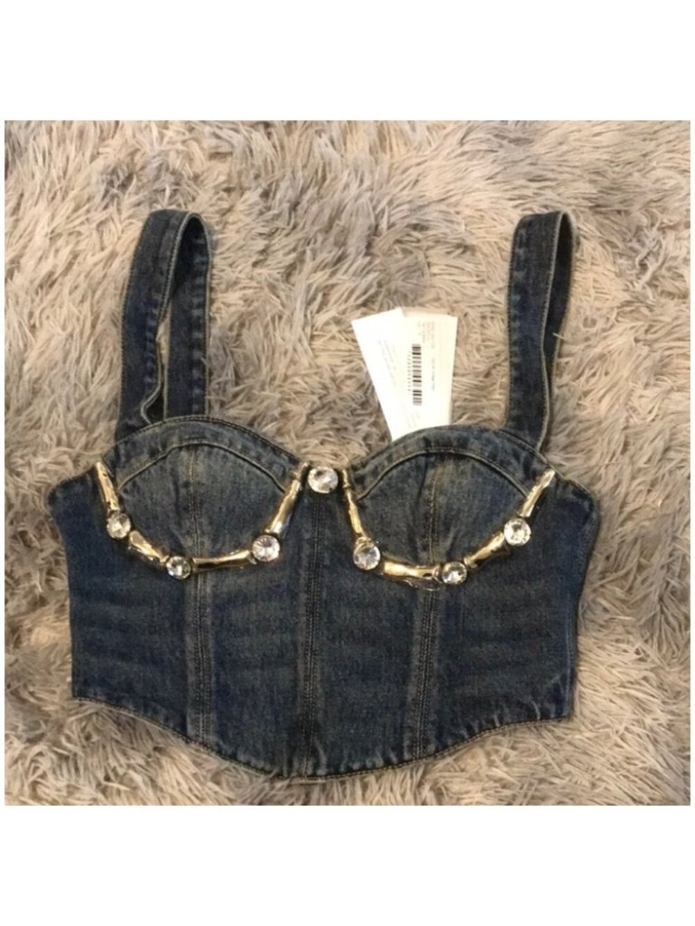 AREA Denim Bustier Top with Gold Accents Size 2 New